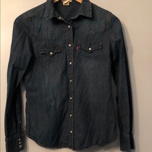 Levi's hand painted chambray dark blue Pearl snap  button down Western Shirt